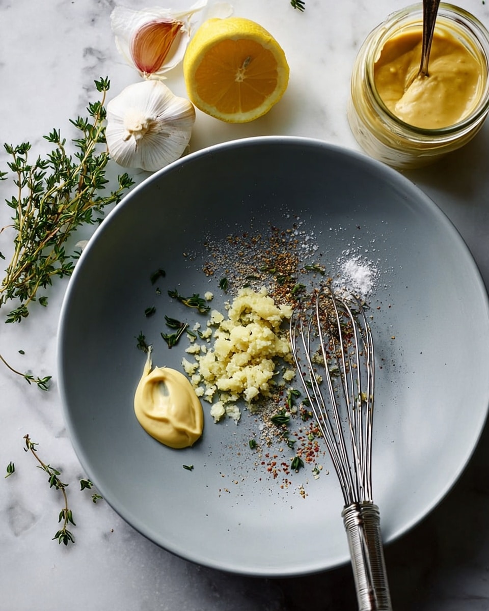 A large white bowl sits on a white marbled surface, containing several small piles arranged loosely together: a small dollop of creamy yellow mustard near the bottom left, minced garlic with a slightly wet texture just below and to the left of the mustard, fresh green thyme leaves scattered around, crushed black pepper and coarse sea salt flakes sprinkled across the bowl. A metal whisk lies on the right side touching the mustard and spices, with its thin wires catching subtle light. Around the bowl on the surface lies a halved lemon with bright yellow skin, a partially opened garlic bulb showing white cloves, and sprigs of fresh thyme scattered nearby. A glass jar filled with mustard and a spoon inside is placed near the top right of the frame. Photo taken with an iphone --ar 4:5 --v 7