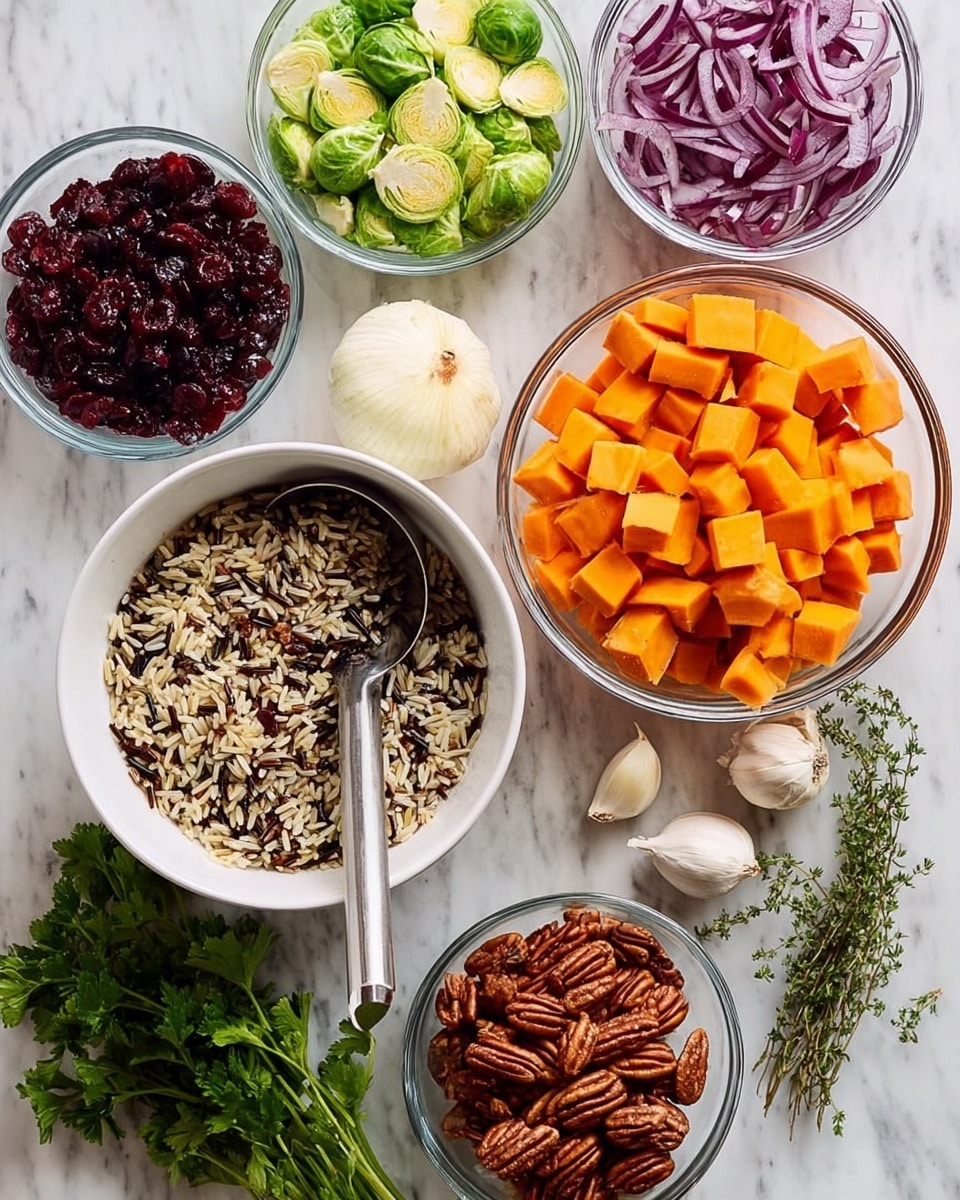 The image shows six clear glass bowls and one white bowl placed on a white marbled surface, each filled with a different ingredient. The large white bowl in the center holds a mix of wild and long-grain rice with a metal scoop resting inside. Surrounding it, from left to right, there is a glass bowl of dried cranberries, a glass bowl filled with chopped purple onions, a glass bowl of thinly sliced green Brussels sprouts, a glass bowl with pecans, and a large glass bowl packed with bright orange cubed sweet potatoes. Fresh garlic cloves and sprigs of green thyme along with a bunch of flat-leaf parsley lie loosely arranged behind the bowls. The colors show a mix of deep reds, oranges, purples, greens, and neutral rice tones, all set against the clean white marbled background. photo taken with an iphone --ar 4:5 --v 7