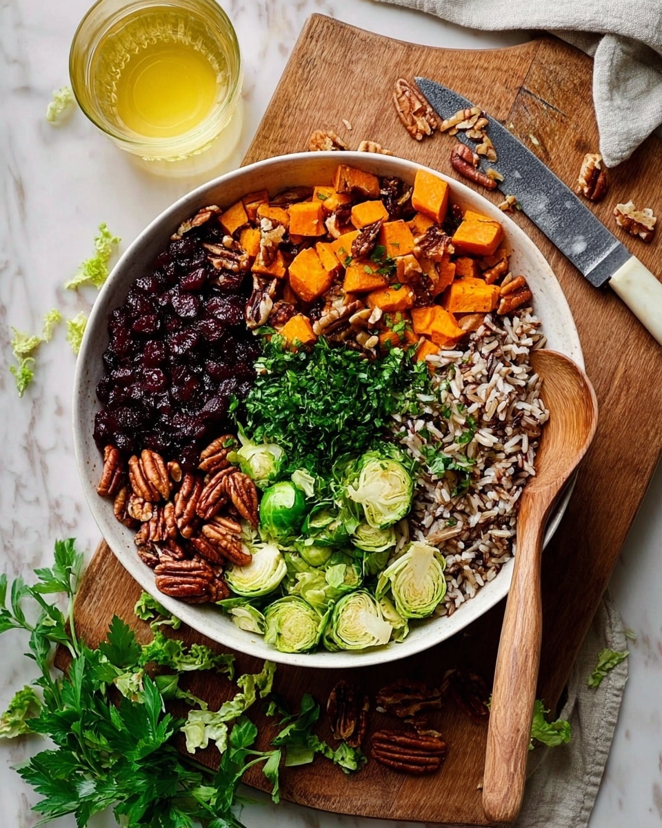 A white bowl filled with six distinct layers of food arranged side by side. Starting from the left, there are dark red dried cranberries, followed by brown toasted pecans, then bright orange roasted sweet potato cubes. Next, there are thin light green Brussels sprout slices, a heap of fresh green chopped parsley in the middle, and at the bottom, a mix of cooked brown and wild rice with visible grains. A wooden spoon rests on top of the rice and sprouts. The bowl is placed on a wooden cutting board, set on a white marbled surface. Next to the bowl is a glass of yellow liquid, a knife with a wooden handle, some loose Brussels sprout leaves, and fresh parsley. Photo taken with an iphone --ar 4:5 --v 7