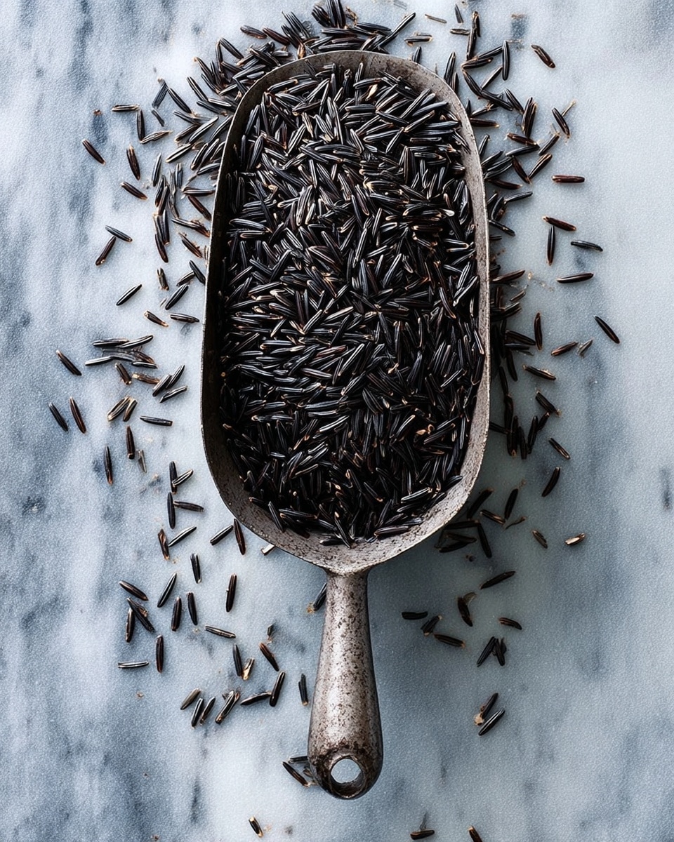 A metal scoop filled with long, dark black grains of wild rice, with some grains scattered outside the scoop on a white marbled surface. The scoop has a rough, rustic texture with a round handle, and the wild rice grains are thin, shiny, and densely packed inside the scoop, creating a layered look. photo taken with an iphone --ar 4:5 --v 7