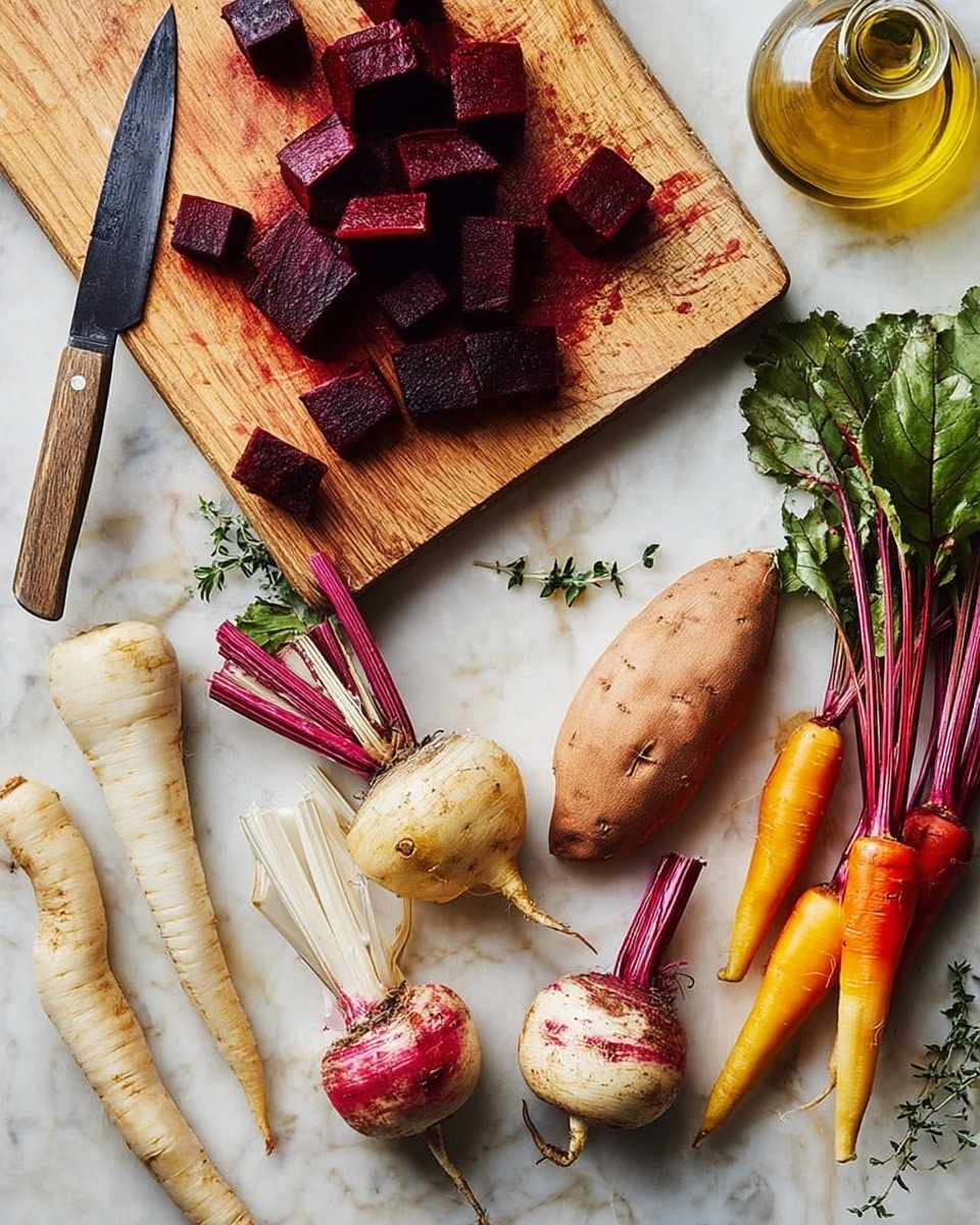 The image shows a white marbled surface with a wooden cutting board on the left side. On the cutting board are dark red beet pieces in cube shapes and a knife with a wooden handle. Near the board are three colorful round root vegetables with green leaves still attached; two are orange and one is white with purple streaks. Toward the bottom are three white parsnips and an orange carrot lying horizontally, with some small green herb sprigs on top. On the right is a light brown sweet potato. At the top right corner is a clear glass bottle with yellow oil. The overall colors are earthy with red, orange, white, and green tones. photo taken with an iphone --ar 4:5 --v 7