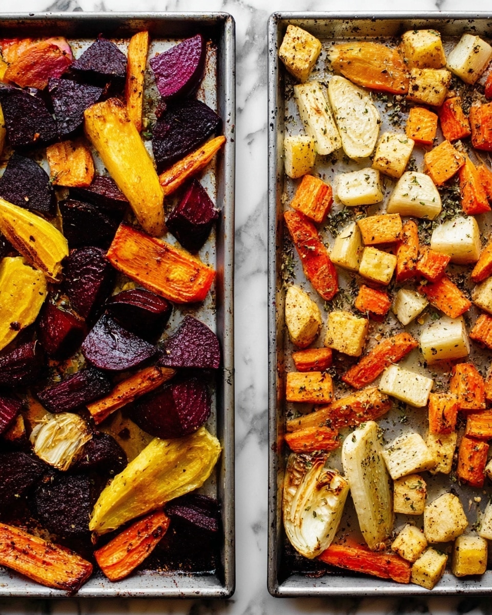 The image shows two white baking trays filled with roasted vegetables set on a white marbled surface. The left tray has a mix of dark purple beet pieces, bright orange carrot slices, and yellow golden beet chunks, all roasted with herbs and a slight shine of oil. The right tray contains light brown and orange root vegetables including cubed sweet potatoes, white and light brown parsnips, and pieces of celeriac, also roasted and sprinkled with herbs. Both trays display a textured, slightly crispy surface on the vegetables with some black pepper seasoning visible. Photo taken with an iphone --ar 4:5 --v 7