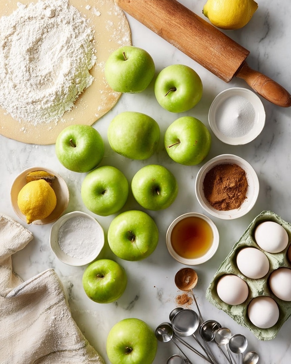 This image shows many green apples spread across a white marbled surface, along with a lemon near the center. On the left, there is rolled dough dusted with flour and a wooden rolling pin at the top. On the right side, there are small white bowls containing cinnamon powder, vanilla extract, brown sugar, granulated sugar, and baking powder. There is also one egg near the bottom right, with a carton holding more eggs partially visible. A beige and white cloth is at the bottom left corner. Five metal measuring spoons are placed on the right side near the bowls. The whole scene is bright and well-lit, with a clean and organized look. Photo taken with an iphone --ar 4:5 --v 7