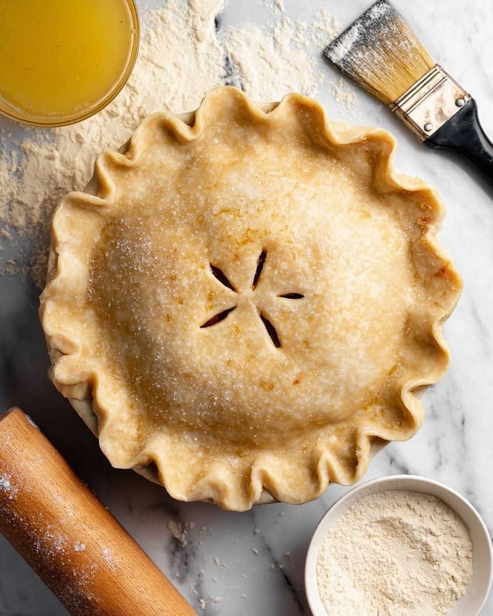 The image shows a round pie with a golden crust on top that is slightly shiny with sugar crystals sprinkled over it. The pie crust's edge is folded in a wavy pattern all around the pie. On top, there are six small slits arranged in a star shape allowing steam to escape, showing a glimpse of the filling underneath. The pie is placed on a white marbled surface, surrounded by a small white bowl filled with more sugar crystals, a wooden rolling pin with some flour on it, a pastry brush with black bristles and a glass with a yellow liquid behind the pie. The whole setting looks clean and ready for baking. Photo taken with an iphone --ar 4:5 --v 7