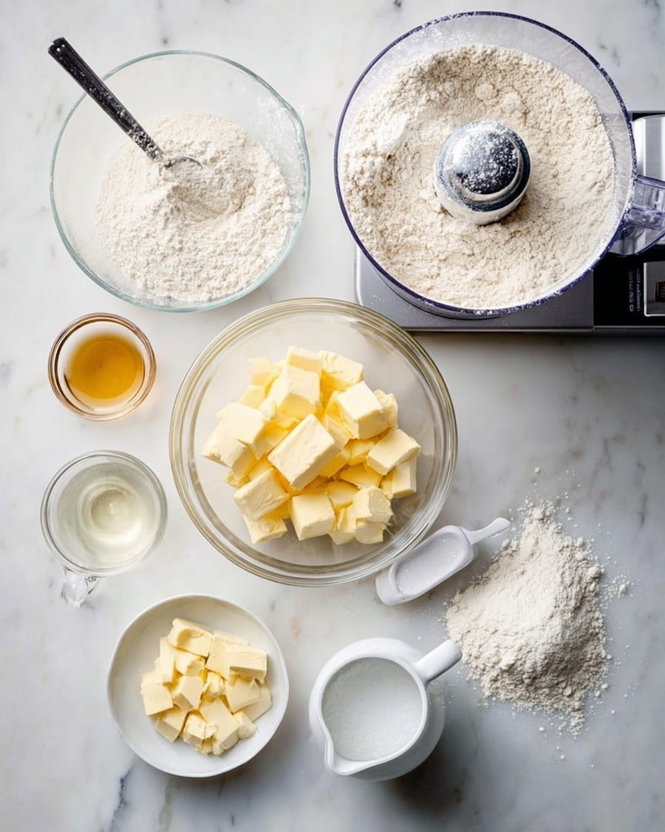 The image shows a white marbled surface with several clear glass bowls and white measuring spoons arranged neatly around a food processor. One large bowl contains flour with a metal scoop resting in it, and a smaller glass bowl holds more flour. In the center, there is a clear glass bowl filled with many small yellow butter cubes. Next to it, a small clear bowl contains a golden liquid, likely syrup or honey. A small white pitcher with a handle holds a clear liquid, probably water or milk. Another small white bowl filled with white granulated sugar sits at the bottom right side. The food processor on the top right is partly filled with flour, with some flour dust around. The overall color palette is soft whites, yellows, and light browns, all set on the white marbled background. photo taken with an iphone --ar 4:5 --v 7