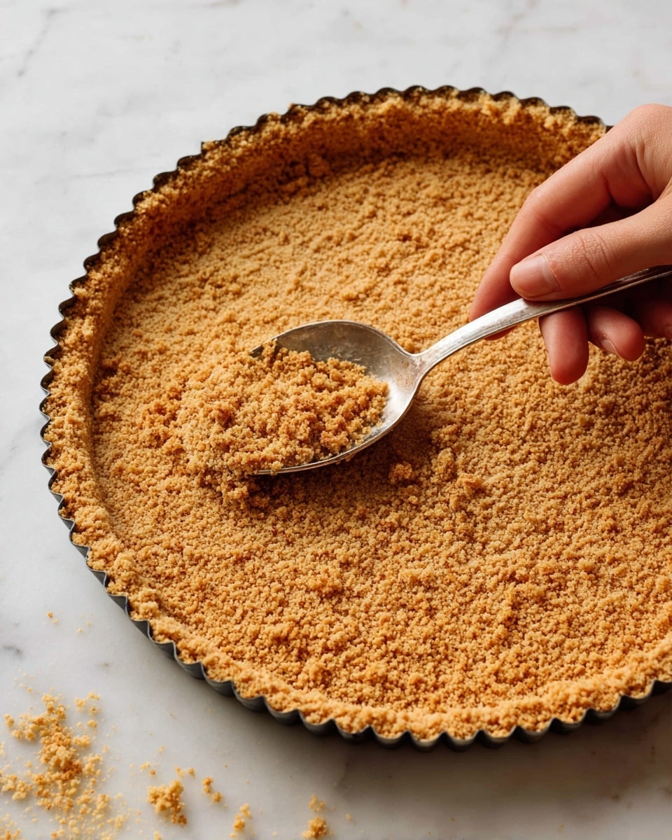 A white scalloped edge tart pan is filled with a single layer of crumbly, golden-brown graham cracker crust evenly pressed along the base and up the sides. The crust has a coarse texture with small crumbs visible and is being smoothed down with a shiny silver spoon held by a woman's hand, pressing the crumbs into the pan to create a firm, even layer. The scene is set on a white marbled surface with a few crumbs scattered around. Photo taken with an iphone --ar 4:5 --v 7