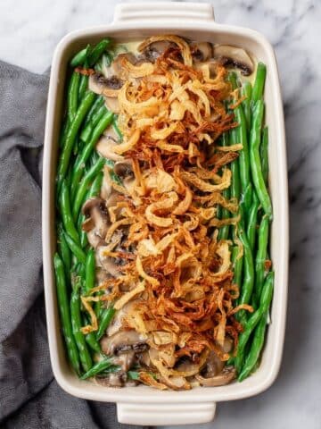 Homemade Green Bean Casserole with Creamy Mushroom Sauce and Crispy Onions Recipe
