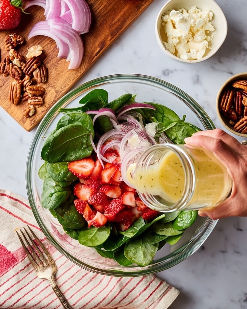 A clear glass bowl sits on a white marbled surface with fresh green spinach leaves forming the bottom layer. On top of the spinach, there are thin slices of bright red strawberries, and thin purple onion rings scatter over one side. A woman's hand is pouring a yellowish salad dressing from a small glass jar onto the ingredients in the bowl. Nearby, a wooden cutting board holds more slices of red onion and strawberries, while small white bowls with crumbled white cheese and brown pecans are placed around the bowl. A white cloth with red stripes is partially under the bowl. Photo taken with an iphone --ar 4:5 --v 7