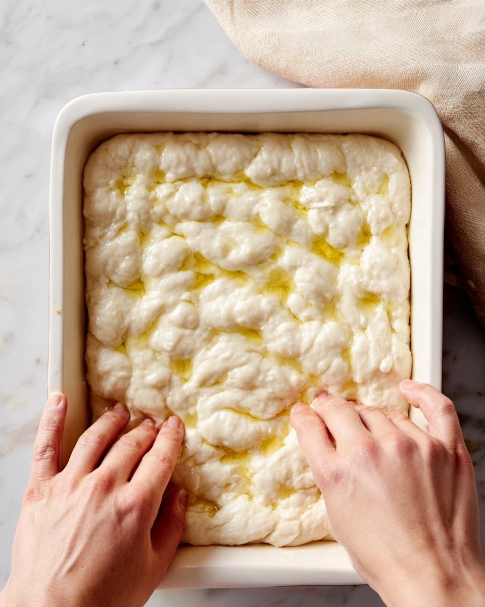 A close-up image of a white rectangular baking dish filled with a thick, pale dough that has a soft and bumpy texture on the surface. The dough is lightly dimpled all over, showing small indentations with some spots of yellow oil glistening on top. At the bottom center of the image, two woman's hands are pressing gently into the dough, creating more dimples. The dish sits on a white marbled surface with a light beige cloth visible in the top right corner. photo taken with an iphone --ar 4:5 --v 7