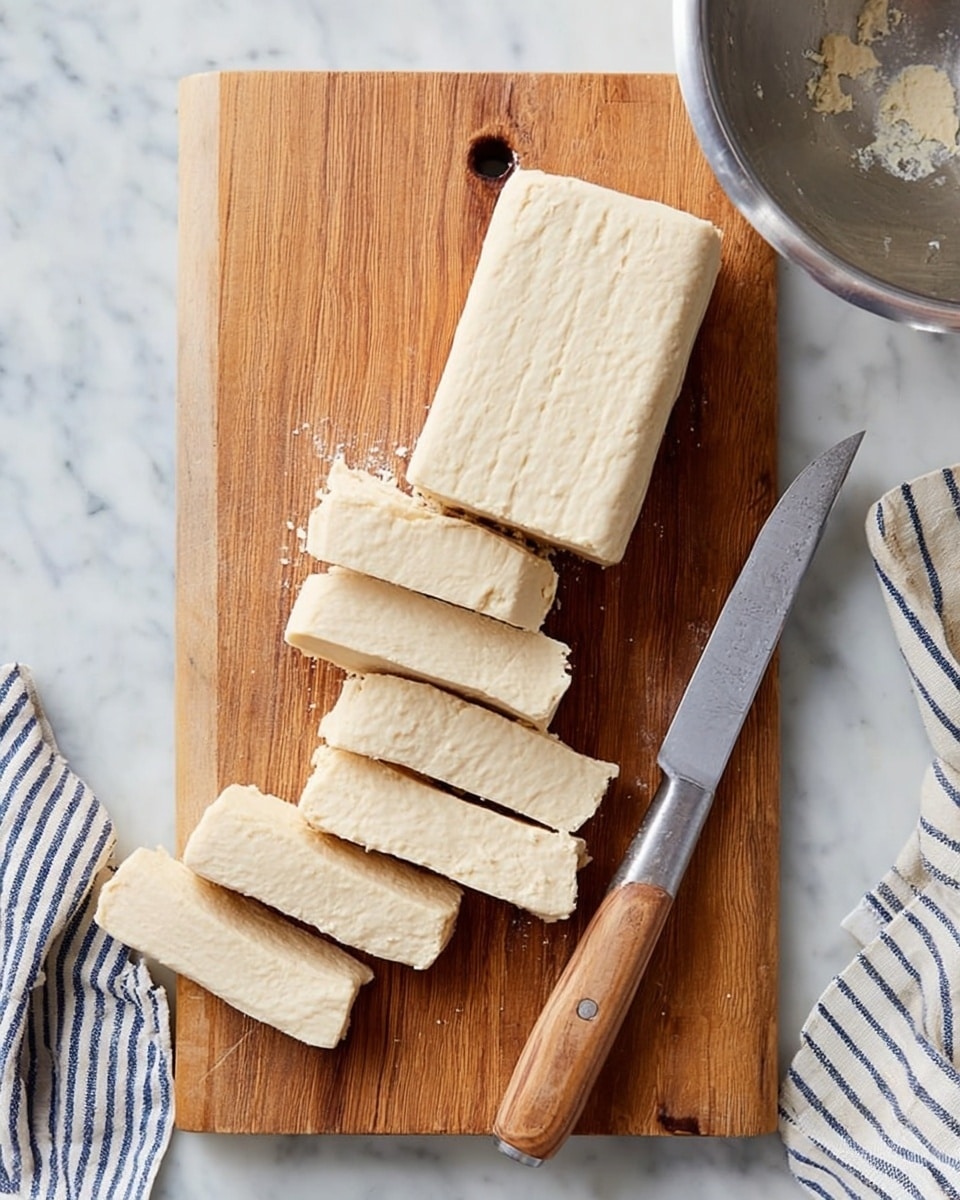 A wooden cutting board is placed on a white marbled surface. On the board, there is a rectangular block of light beige dough or pastry, partially sliced into even thick pieces. A knife with a wooden handle and a silver blade rests next to the cut pieces, some slices lying flat while others are slightly angled. Nearby, a metal mixing bowl and a striped cloth are partly visible to the side. photo taken with an iphone --ar 4:5 --v 7