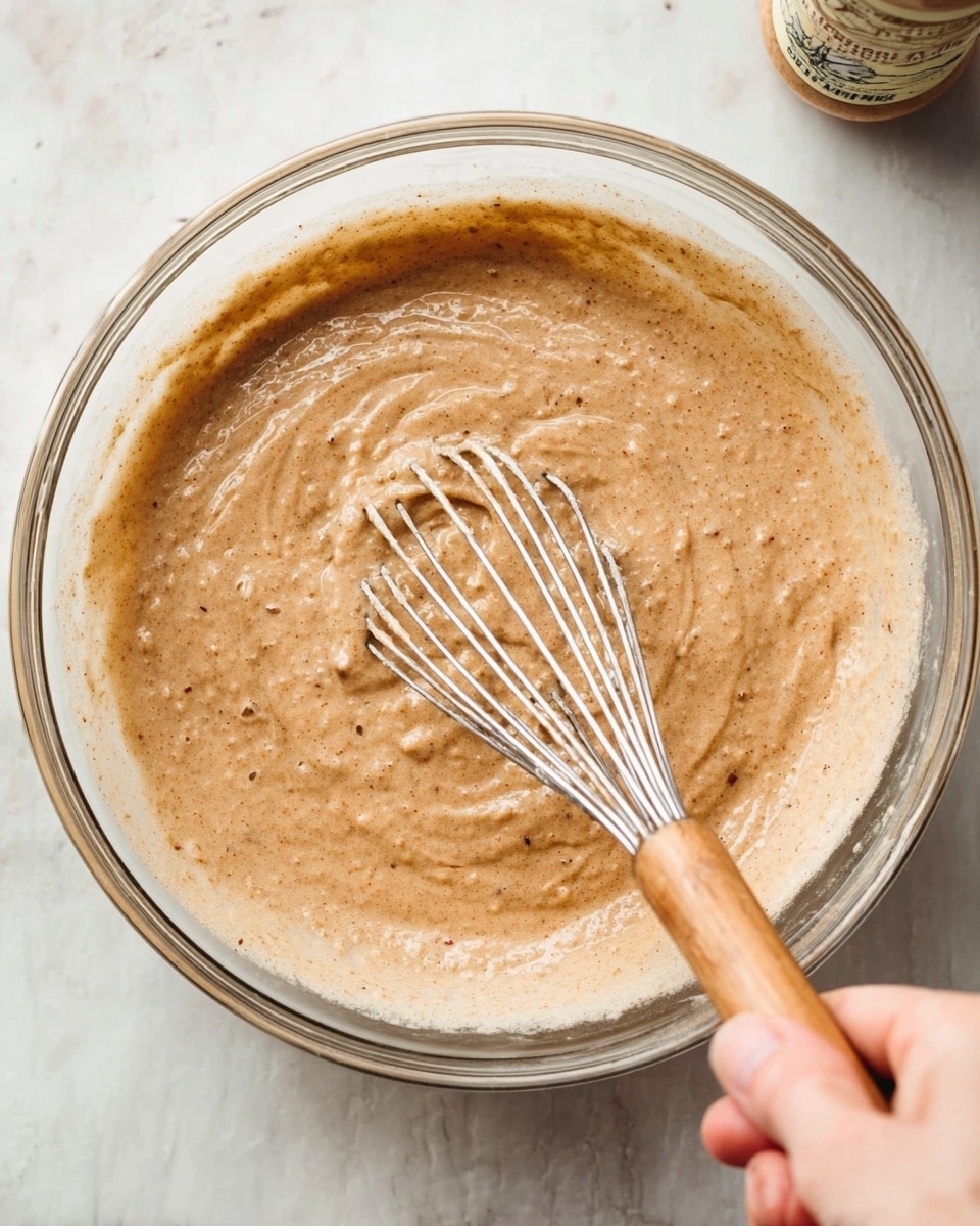 A clear glass bowl filled with a thick, light brown batter with a slightly grainy texture is set on a white marbled surface. A metal whisk with a wooden handle is partially immersed in the batter and a woman's hand is gripping the handle, stirring the mixture. The batter shows some whisk marks and a few small lumps, with tiny specks of a darker brown ingredient distributed throughout, creating a slightly speckled appearance. In the background, a blurry bottle with a label can be seen. photo taken with an iphone --ar 4:5 --v 7