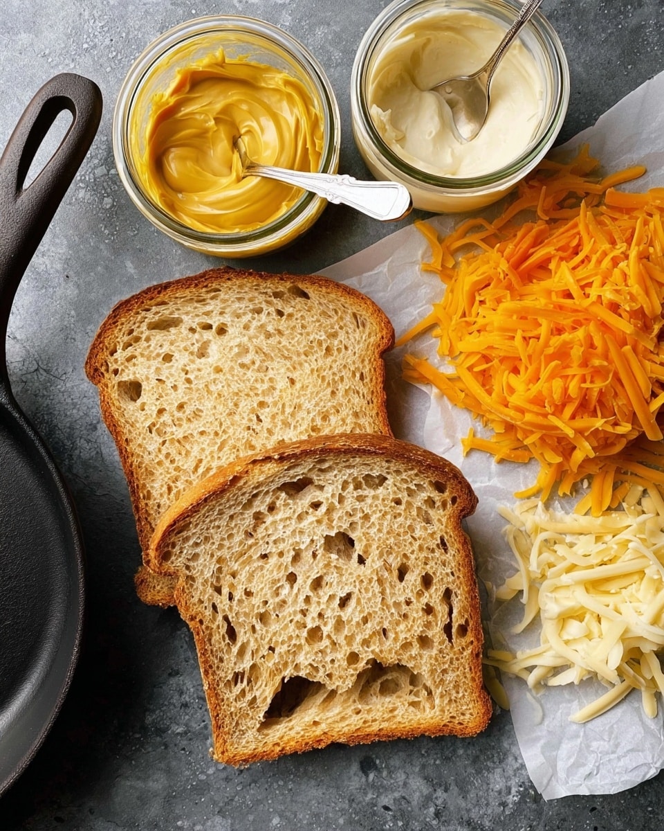 Two slices of light brown bread with holes lie flat on a dark gray surface next to a pile of shredded orange cheddar cheese and shredded white cheese on white parchment paper. Above the bread are two small glass jars, one filled with yellow mustard and a small spoon inside, the other with white mayonnaise with a spoon partly dipped in it. To the left of the bread is a black cast iron skillet handle. The background texture is changed to white marble. photo taken with an iphone --ar 4:5 --v 7