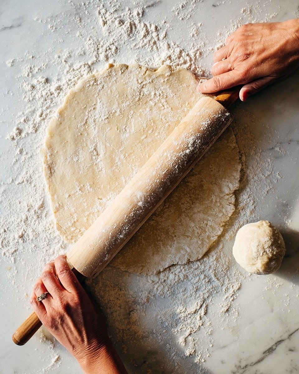 The image shows a pair of woman's hands rolling out dough with a wooden rolling pin on a white marbled surface. The dough is thin, round, and dusted with flour, with a small round ball of dough nearby. Loose flour is scattered on the surface around the dough and rolling pin, creating a light dusting over the scene. photo taken with an iphone --ar 4:5 --v 7