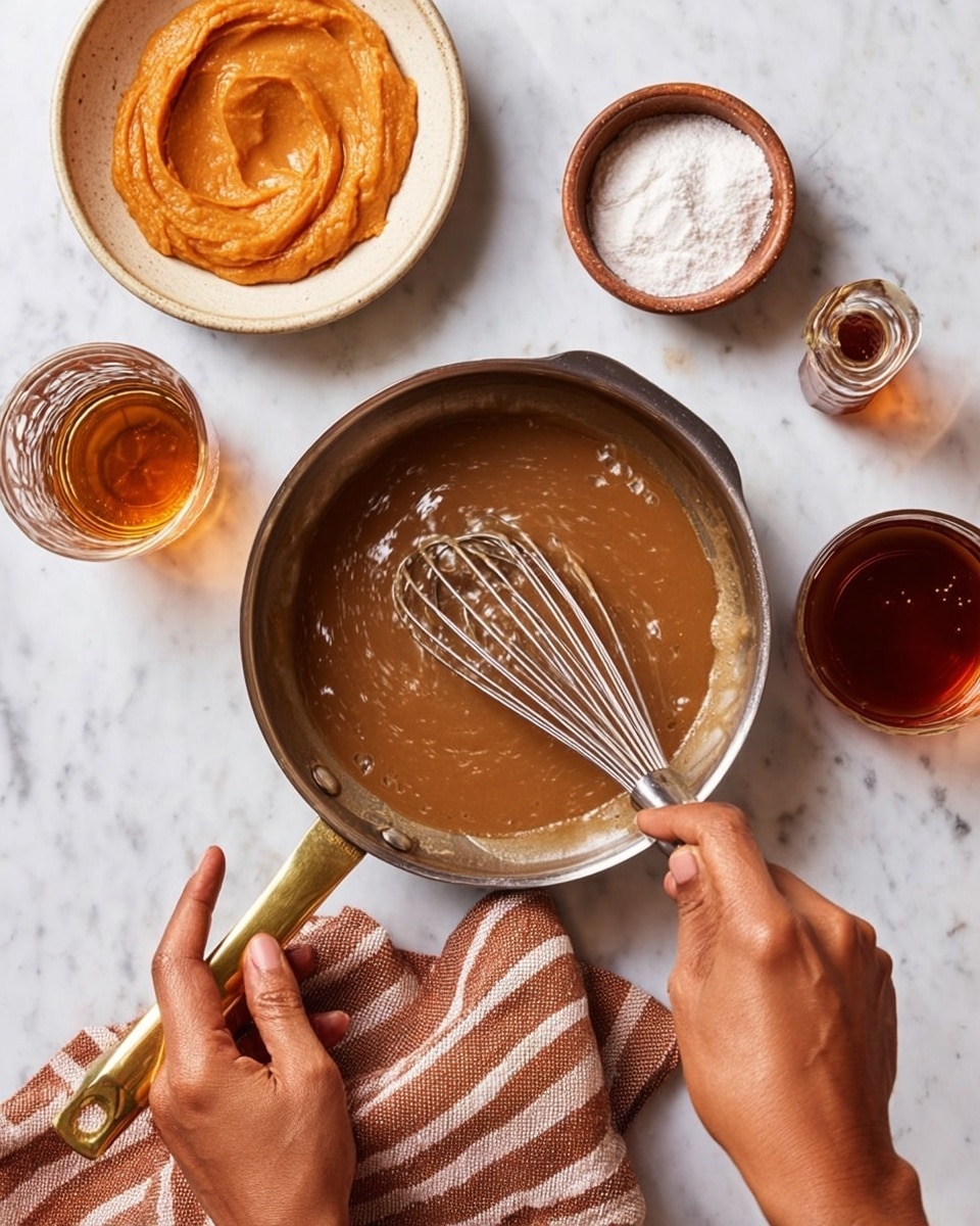 A stainless steel pan with light brown sauce inside is being mixed with a whisk held by both a woman's hand and another hand. The pan's handle is brass-colored and rests on a white marbled surface. Nearby, there is a small brown bowl filled with smooth orange mixture on a white plate, a small brown bowl filled with white powdery substance, a small clear glass with amber liquid, and a small glass jug filled with dark amber liquid. A striped brown and white cloth is placed under the pan handle. Photo taken with an iphone --ar 4:5 --v 7