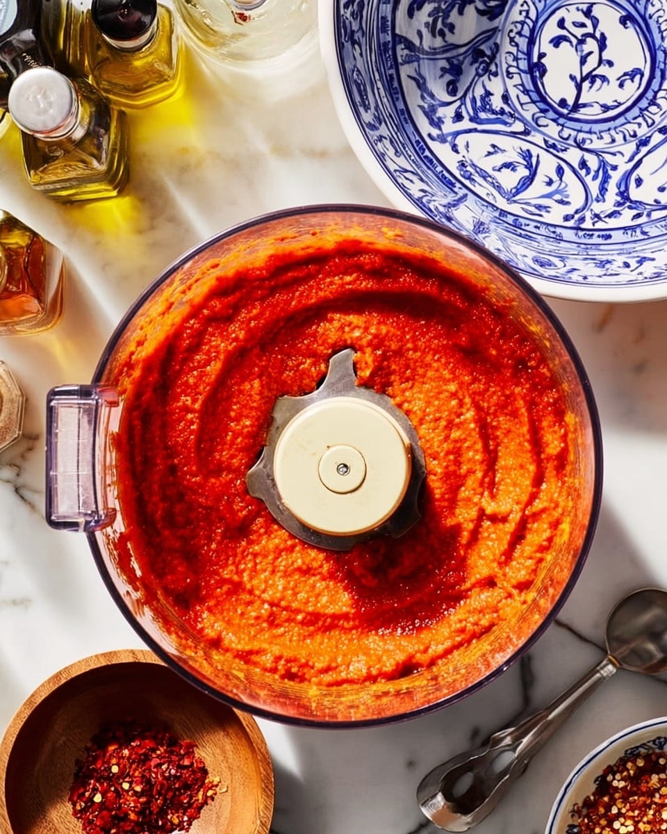 The image shows a clear food processor bowl filled with a thick, bright red sauce, with a slightly grainy texture, sitting on a white marbled surface. The sauce almost covers the central blade of the processor, which is cream-colored. Around the processor, there is a white bowl with a blue and white intricate pattern, part of its edge visible at the top right. Near the bottom, a small wooden bowl holds coarse red chili flakes, and next to it is a metal spoon. Bottles of oil and other seasonings can be seen on the left. The setting is bright and clean, with a focus on the vibrant red sauce in the middle of the clear bowl photo taken with an iphone --ar 4:5 --v 7