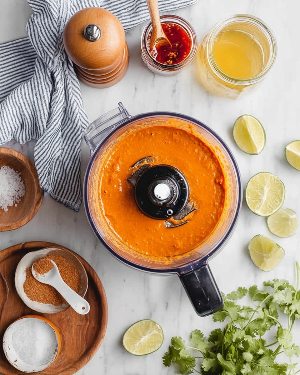 The image shows a clear food processor bowl with a bright orange sauce inside, topped with a black lid and a white plastic blade visible through the sauce. The bowl is set on a white marbled tabletop. Around the food processor, there are various items: a wooden pepper grinder, a small white bowl with brown powder and a white measuring spoon inside, a small wooden plate with coarse salt, a small glass jar with a yellow liquid, a jar with red paste, and two halves of lime. There is also a bunch of fresh green cilantro on the right side, and a white and blue striped cloth next to the sauce bowl. Photo taken with an iphone --ar 4:5 --v 7
