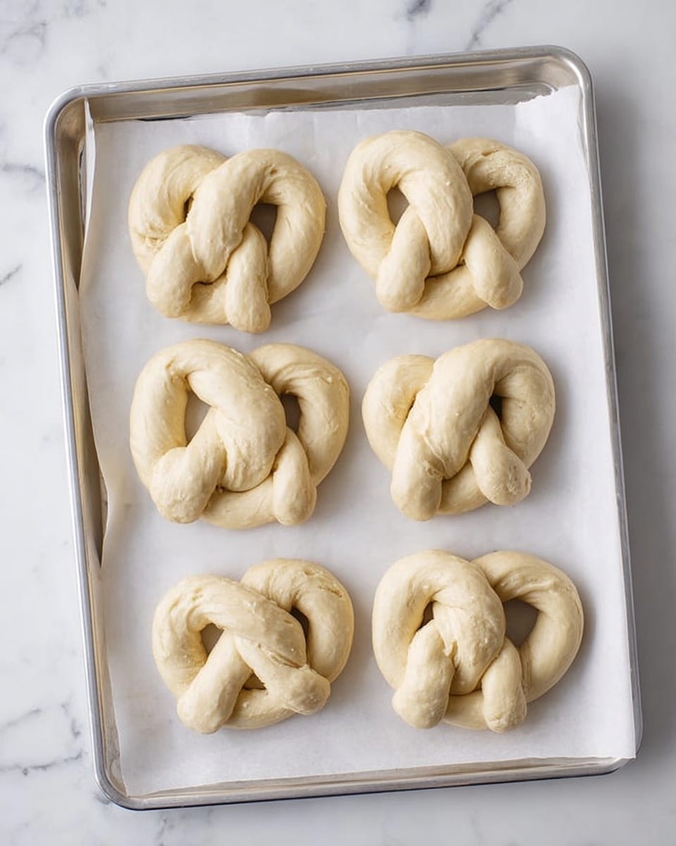 A baking tray lined with white parchment paper holds eight raw soft pretzels arranged evenly in two rows. Each pretzel is twisted into the traditional knot shape with a pale, smooth dough texture, slightly puffed but still uncooked, showing a light cream color. The tray sits on a white marbled surface, and the edges of the tray are metallic silver. photo taken with an iphone --ar 4:5 --v 7
