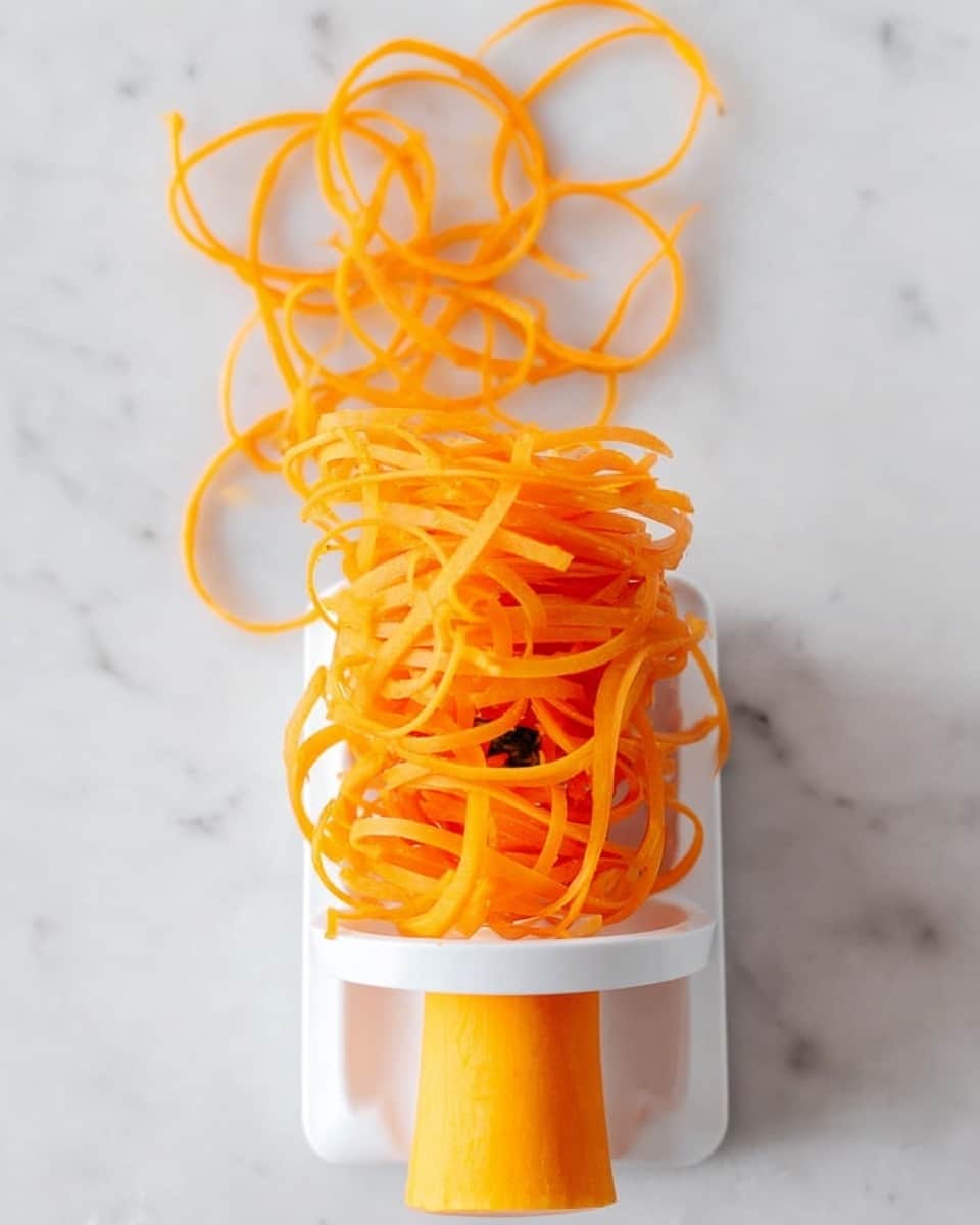 The image shows a white spiralizer with a bright orange vegetable, likely a butternut squash, placed inside it. The spiralizer is positioned on a white marbled surface. Bright orange spaghetti-like strands are coming out from the top of the spiralizer, twisting and curling in loose piles. The texture of the strands looks smooth and fresh, with a vibrant color that stands out against the white spiralizer and surface. The bottom part of the vegetable is visible, held firmly in the spiralizer, showing its smooth, slightly shiny skin. Photo taken with an iphone --ar 4:5 --v 7