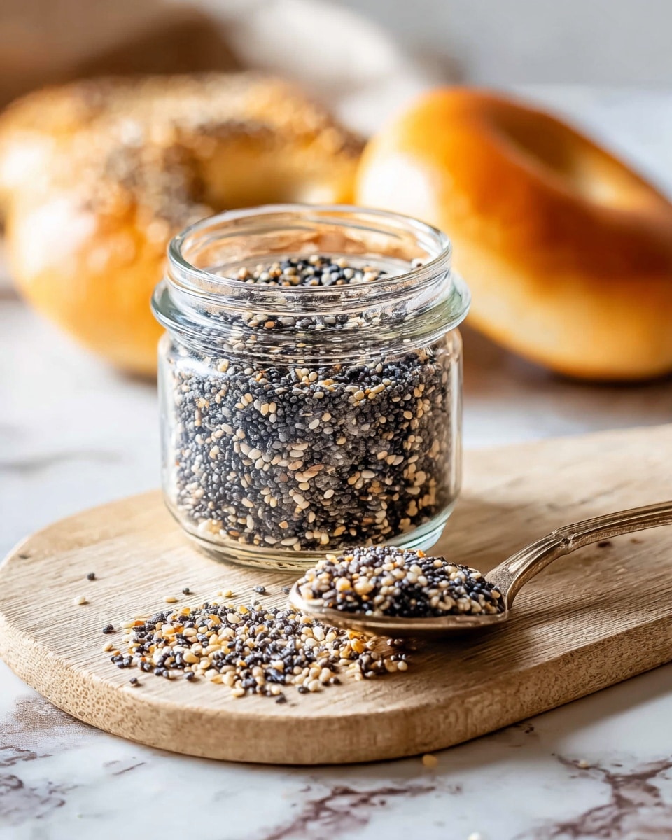 A clear glass jar filled with a mix of small black and white seeds sits in the middle of a light wooden board. In front of the jar, a silver spoon holds some of the seed mix with some spilling out onto the board. In the background, there are two golden brown bagels resting on a white marbled surface. The lighting highlights the textures of the seeds and bagels. photo taken with an iphone --ar 4:5 --v 7