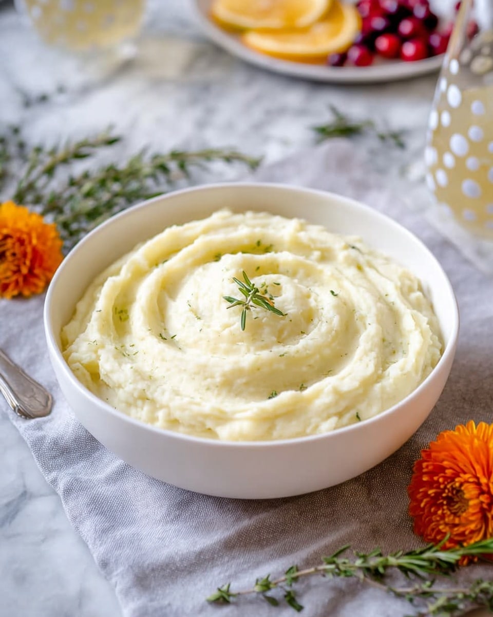 A white bowl filled with smooth mashed potatoes swirled in a spiral pattern, with a small green herb sprig placed in the center on top. The mashed potatoes have a creamy texture with small bits of seasoning visible. The bowl is set on a light grey cloth on a white marbled surface. Around it, there are sprigs of fresh herbs, a bright orange flower, and a polka dot glass with a light drink inside visible on the right side. In the blurred background, there is a white plate with slices of lemon and red berries. photo taken with an iphone --ar 4:5 --v 7