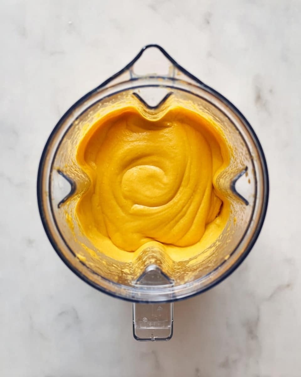 A top view of a blender container filled with a smooth, thick orange-yellow mixture. The blender is clear, showing the swirled texture of the mixture inside, and it rests on a white marbled surface. The container has two handles on opposite sides and small notches around the edges. photo taken with an iphone --ar 4:5 --v 7