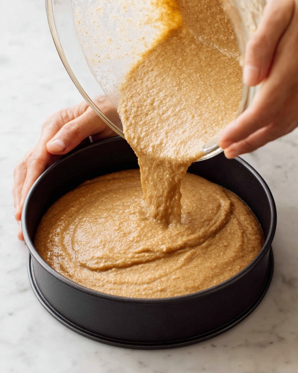A thick, light brown batter with a smooth, slightly grainy texture is being poured from a clear bowl into a black round cake pan. The batter forms an even layer in the pan, spreading gently across the bottom. The scene is set on a white marbled surface, and a woman's hands are visible holding the bowl and guiding the batter. The focus is on the batter's flow and the pan's round shape photo taken with an iphone --ar 4:5 --v 7