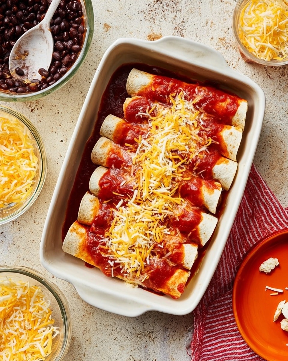 A white rectangular baking dish holds five rolled tortillas lined up side by side. Each tortilla is covered with a red sauce that looks smooth and slightly thick. Shredded yellow and white cheese is sprinkled over the top, unevenly spread across the tortillas and sauce. The dish sits on a light brown textured surface with a white marbled texture behind it. Around the dish, there is a clear bowl with shredded yellow and white cheese, a glass jar with more red sauce inside, a white bowl with black beans and a white spoon, and an orange plate with some torn white pieces that might be cheese. A red and white striped cloth is partially visible at the bottom right corner. photo taken with an iphone --ar 4:5 --v 7