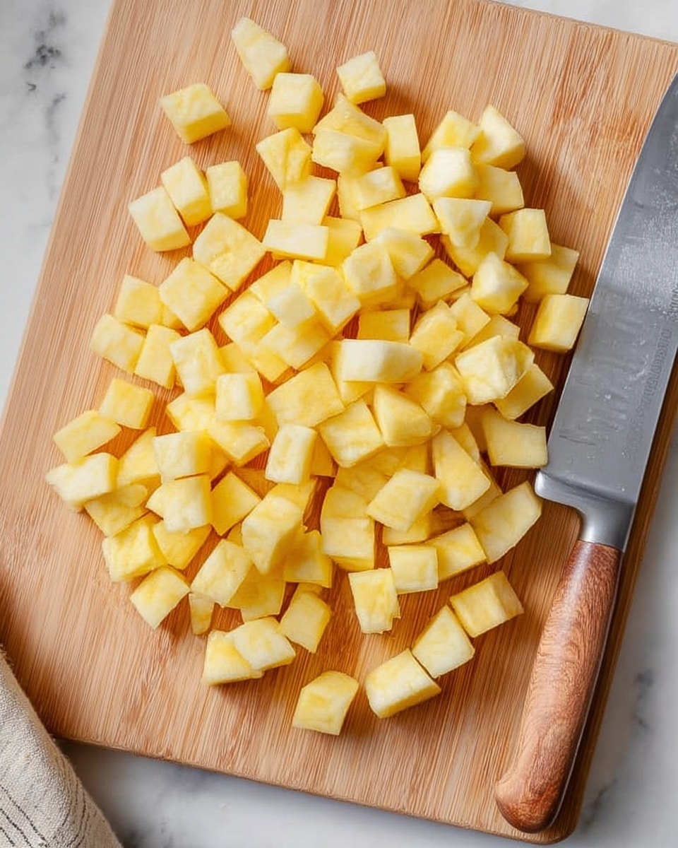The image shows many small, peeled, yellow cubes of apple spread over a light wooden cutting board. A large kitchen knife with a silver blade and wooden handle lies flat on the bottom right side of the cutting board. The apple cubes have smooth edges and some have slightly rounded corners. The background is a white marbled surface with a cloth napkin partially visible in the bottom right corner. photo taken with an iphone --ar 4:5 --v 7