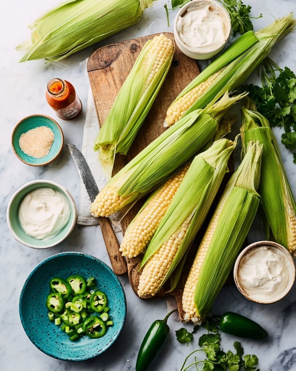 The image shows five ears of peeled corn with green husks, arranged on a wooden board with some on the white marbled surface. Around the corn, there are small white bowls filled with white sour cream, white salt, and light yellow seasoning powder. A teal bowl holds green sliced scallions, and another speckled teal bowl contains four fresh green jalapeño peppers. A bottle of hot sauce and a few sprigs of fresh green cilantro are nearby. A knife with a wooden handle lies behind the corn. photo taken with an iphone --ar 4:5 --v 7
