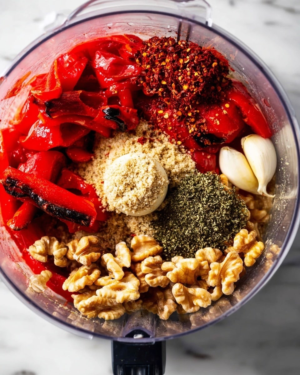 In a clear food processor bowl, there are several layers of ingredients: bright red roasted peppers with some black char marks take up the top half, showing a glossy, soft texture; a heap of light brown walnuts with a rough, uneven surface sits on the bottom right; off to the left is a crumbly, beige breadcrumb layer topped with a small pile of dark red chili flakes; a dollop of finely ground dark green herb powder is placed on the roasted peppers; a few whole light-colored garlic cloves rest near the walnuts. The background is a white marbled surface. Photo taken with an iphone --ar 4:5 --v 7