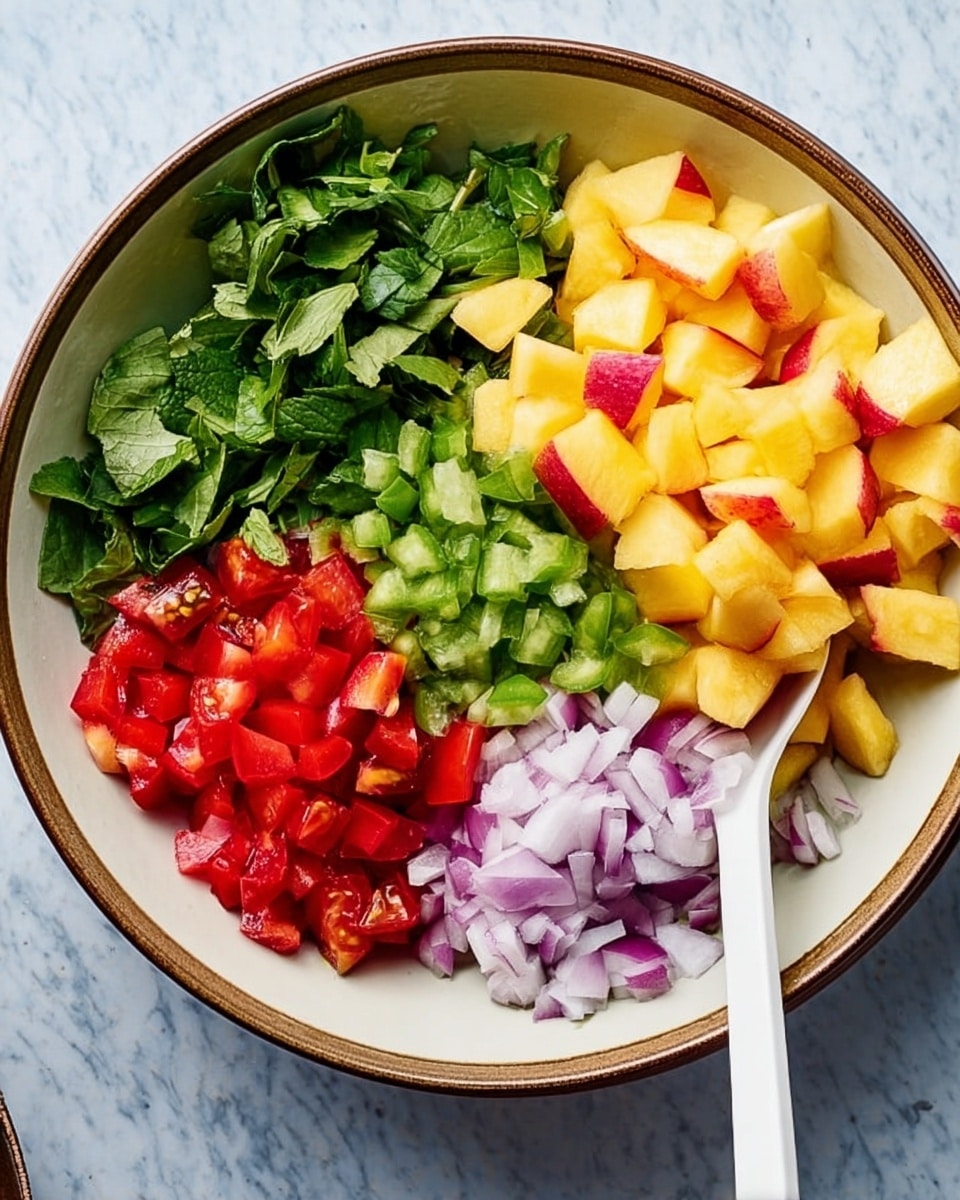 A white bowl with a brown edge holds finely chopped fresh ingredients placed in separate piles. Starting from the top right, there is a heap of yellow and red-skinned diced fruit with a smooth texture, followed by small green diced pieces with a fresh, slightly shiny look at the top left. Below those, bright red diced pieces sit next to a bunch of fresh green leaves with a slightly wrinkled texture, and at the bottom right, small pale purple and white diced pieces are gathered. A white spoon rests inside the bowl on the right side among the diced fruit. The bowl is set on a white marbled surface. Photo taken with an iphone --ar 4:5 --v 7