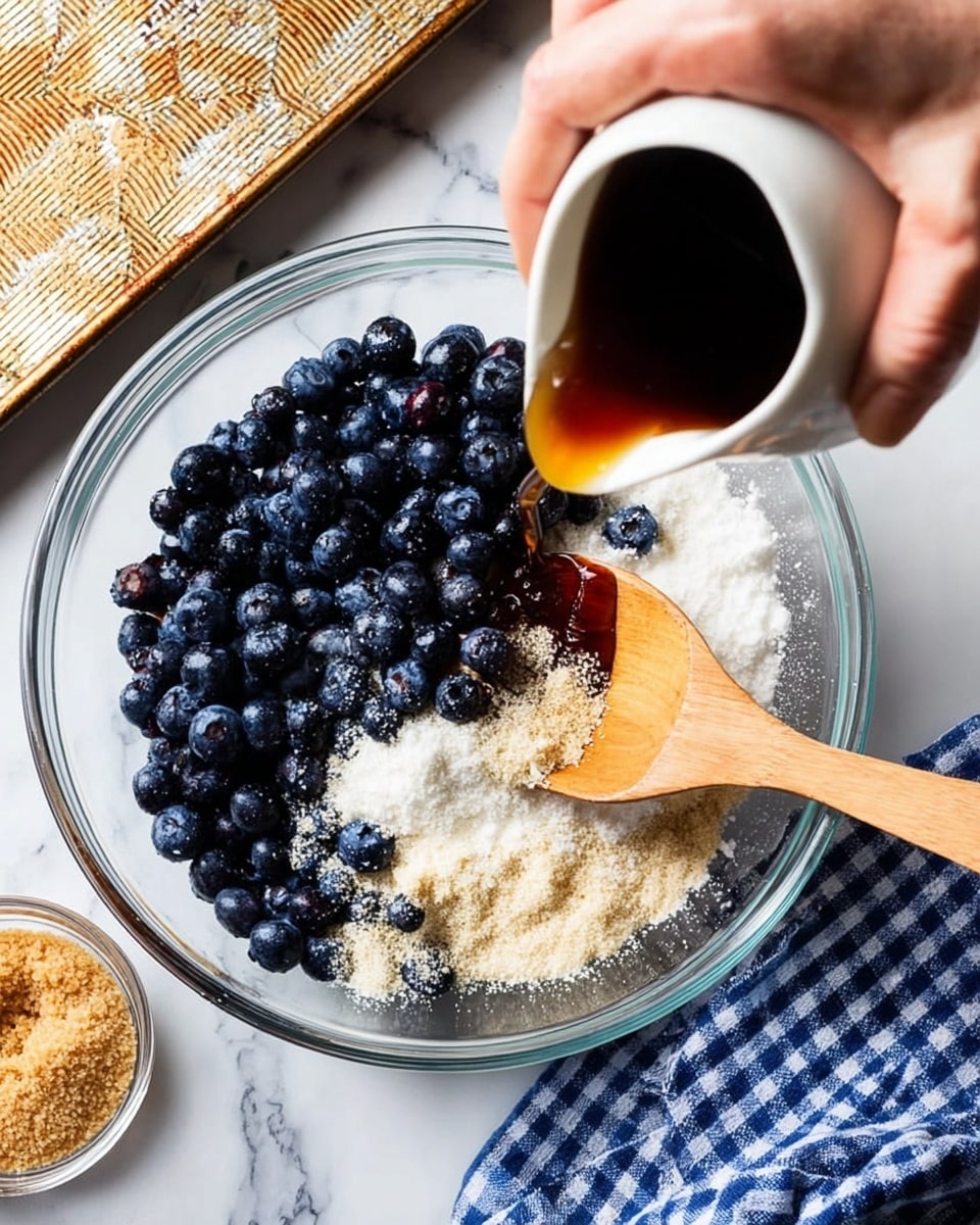 A clear glass bowl filled with dark blue, round blueberries forms the bottom layer, topped with white powdery flour and light brown granular sugar scattered unevenly over the berries. A wooden spoon rests inside the bowl, partially covered by the blueberries and dry ingredients, angled from the left side toward the center. A woman's hand on the right side pours a dark amber liquid from a small white ceramic pitcher onto the flour, with a white marbled surface underneath the bowl and a blue and white checkered cloth partially visible on the bottom left. To the left side of the frame, a small clear bowl with brown sugar sits on the marbled surface, and a metal baking tray with a patterned liner is visible at the top edge of the scene. Photo taken with an iphone --ar 4:5 --v 7