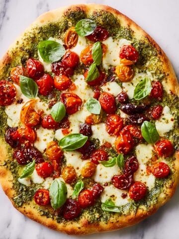 Pesto Pizza with Roasted Cherry Tomatoes and Fresh Mozzarella Recipe