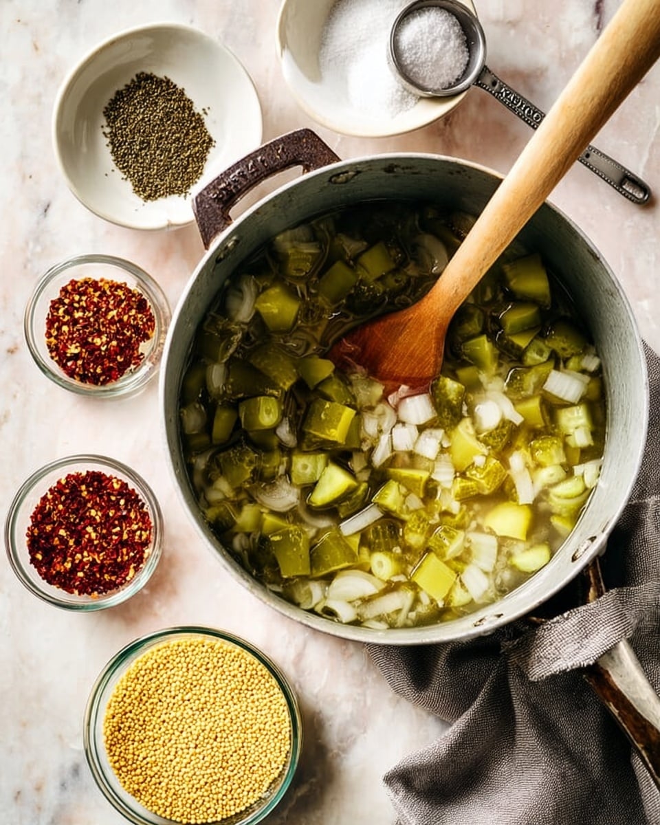 A silver pot with a worn black handle sits on a white marbled surface with a grey cloth underneath its lower right side. Inside the pot are chopped green and yellow pickles mixed with pieces of white onion in clear liquid. A wooden spoon with a light handle rests inside the pot. Surrounding the pot are four small round white bowls and glass bowls; the top left bowl holds dark green pepper, next to it a light brown bowl with red chili flakes, below these is a glass bowl filled with yellow mustard seeds, and beside that is another glass bowl containing white granulated sugar with a metal measuring scoop inside. The photo taken with an iphone --ar 4:5 --v 7
