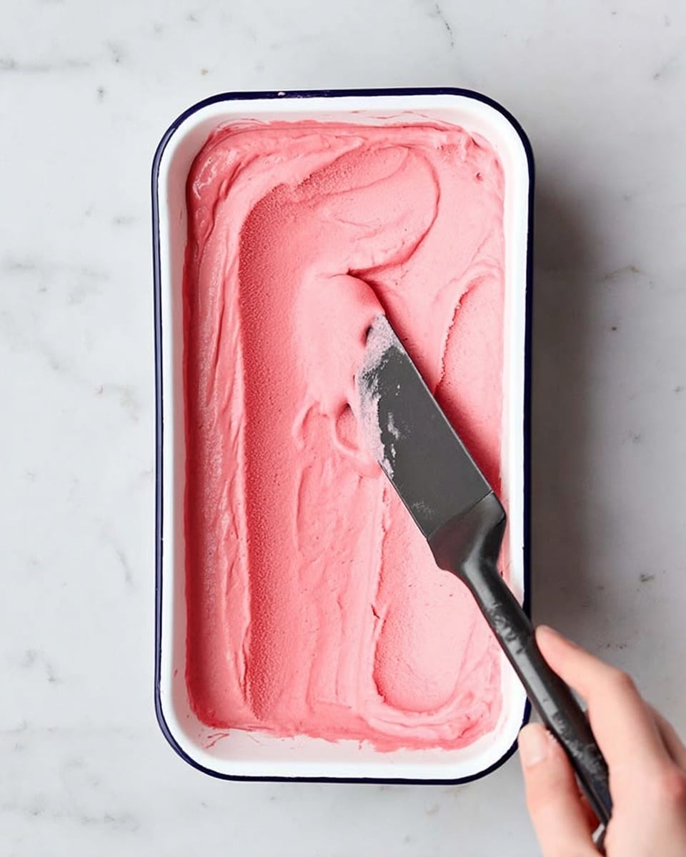 A rectangular white dish with a thin dark blue rim is filled with smooth, bright pink ice cream or sorbet, spread evenly in one thick layer. A black spatula with some of the pink ice cream on it rests on the right side of the dish, held by a woman's hand. The dish is placed on a white marbled surface with soft gray veins. The ice cream surface has gentle textured swirls from spreading, showing a creamy, smooth texture photo taken with an iphone --ar 4:5 --v 7