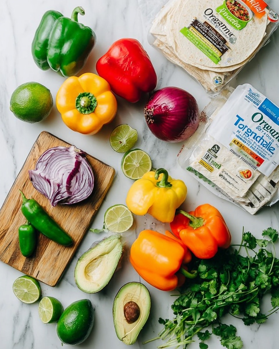 The image shows an overhead view of fresh ingredients arranged on a white marbled surface. There are three bell peppers in green, red, and orange-yellow colors spread across the top and middle right. Two avocado halves, one with a seed and one without, sit near the center bottom, along with a small bunch of green cilantro. A few lime halves and whole limes with bright green skin are placed on the left, next to a wooden cutting board holding slices of red onion. Also visible are two green chili peppers and a packet of fajita seasoning near the top. A white package of organic corn tortillas rests on the top right, and at the bottom left, there is a package of extra firm tofu. The scene feels fresh and colorful with a clean, natural look photo taken with an iphone --ar 4:5 --v 7