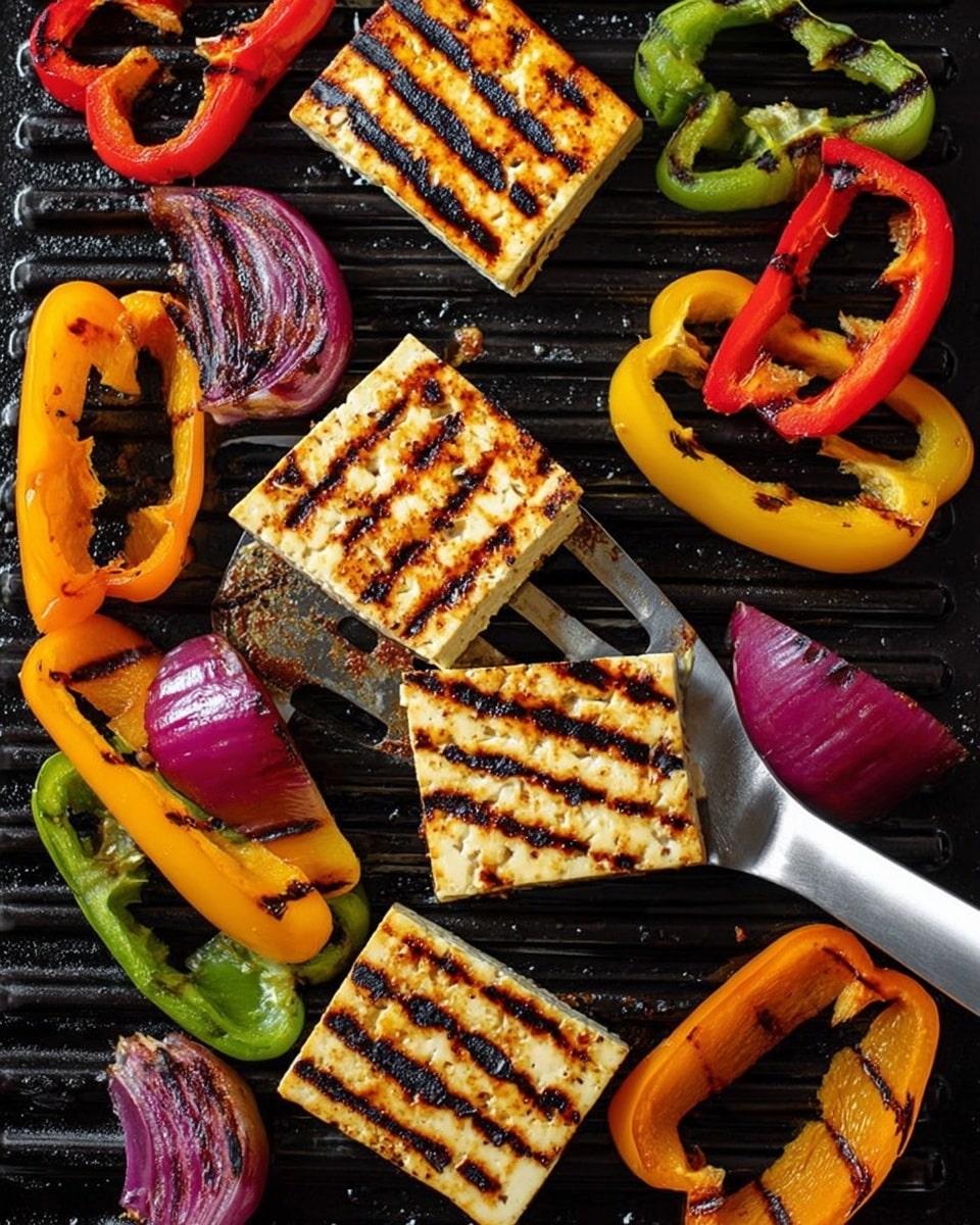 The image shows five rectangular pieces of grilled tofu with dark grill marks on them, arranged on a black grill pan. Around the tofu pieces, there are colorful grilled bell pepper rings in red, yellow, orange, and green, along with two halves of grilled red onion with visible char marks. A silver spatula is partially under one of the tofu pieces, helping to lift it. The background is a close-up of the grill pan ridges, and the colors are bright and warm. photo taken with an iphone --ar 4:5 --v 7