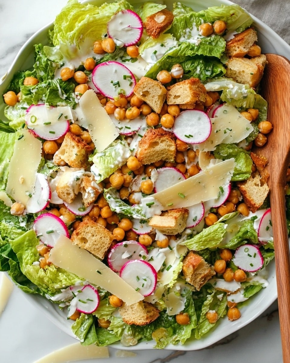The image shows a fresh salad in a white bowl placed on a white marbled surface. The base layer is made of light and dark green leafy lettuce. On top are thin, round slices of pink and white radishes spread evenly. Orange roasted chickpeas are scattered across the salad, adding brightness and texture. Small, golden-brown toasted bread cubes sit mixed with the greens and other ingredients. Large, thin shavings of pale yellow cheese are placed sporadically on the salad. Light green herbs, likely chopped chives, are sprinkled over everything. A creamy white dressing is drizzled lightly across the whole dish. On the right edge of the bowl lies a wooden spoon, partially resting in the salad, with a woman's hand nearby. Photo taken with an iphone --ar 4:5 --v 7
