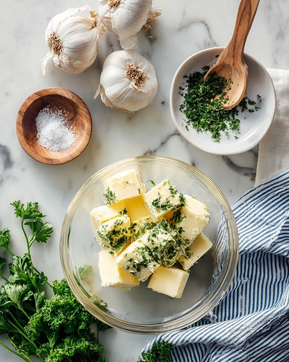 A clear glass bowl sits on a white marbled surface, holding several pale yellow butter chunks topped with finely chopped green herbs. Nearby, a small white bowl contains more chopped herbs with a wooden spoon resting inside. Next to it, a small wooden bowl holds coarse white salt with a few green herb flakes mixed in. To the left, four whole garlic bulbs lay on the marble, while fresh green parsley sprigs are scattered to the bottom right. A striped blue and white cloth is partially visible under the glass bowl. photo taken with an iphone --ar 4:5 --v 7