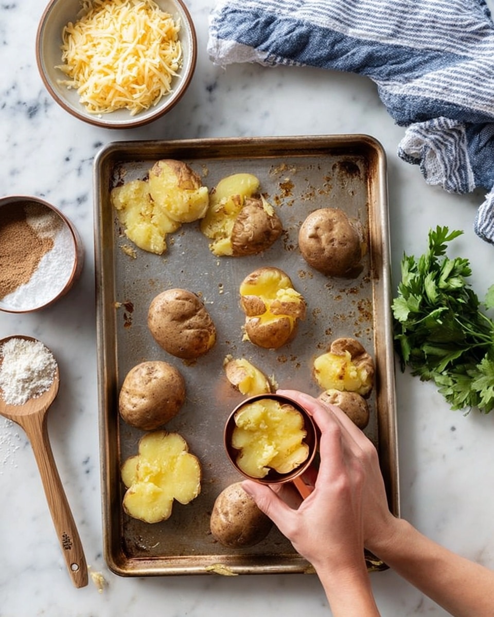 A metal baking sheet contains several small whole brown potatoes and five smashed potatoes scattered across its surface. The smashed potatoes are flat, yellow with visible soft insides, and still have their skins on. A woman's hand is holding a small copper measuring cup above one of the smashed potatoes. Around the baking sheet on a white marbled surface, there are two small bowls, one with shredded cheese and a wooden spoon inside it, the other with a white powder, possibly flour or seasoning. A blue and white striped cloth is casually placed near the top right of the image with some green leafy herbs nearby. Photo taken with an iphone --ar 4:5 --v 7