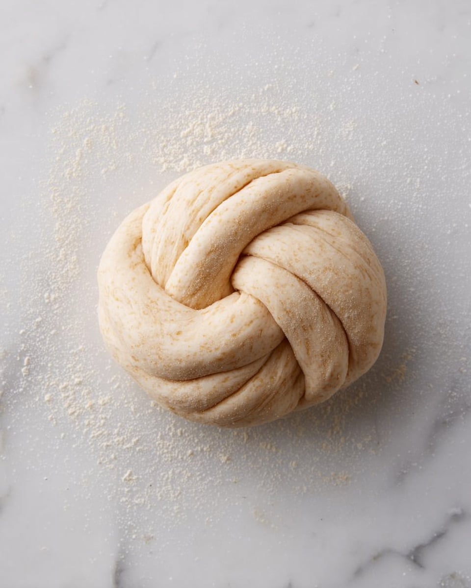 A single round dough knot sits on a white marbled surface lightly dusted with flour around the edges. The dough is pale beige with a soft texture and has a smooth, slightly shiny surface. The knot is formed by twisting the dough into a tight circle with visible folds and layers, showing a gentle, natural curve. The overall appearance is simple, fresh, and ready for baking. Photo taken with an iphone --ar 4:5 --v 7