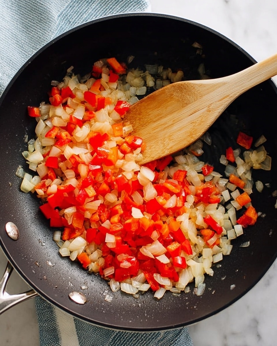 A black frying pan holds a mix of sautéed vegetables, including small, translucent white onion pieces and bright red bell pepper chunks. The vegetables are spread mostly around the edges of the pan, leaving the center mostly empty. A light wooden spoon with a smooth texture rests inside the pan, touching the vegetables. The pan is set on a white marbled surface with a soft blue and white striped cloth partially visible underneath. photo taken with an iphone --ar 4:5 --v 7