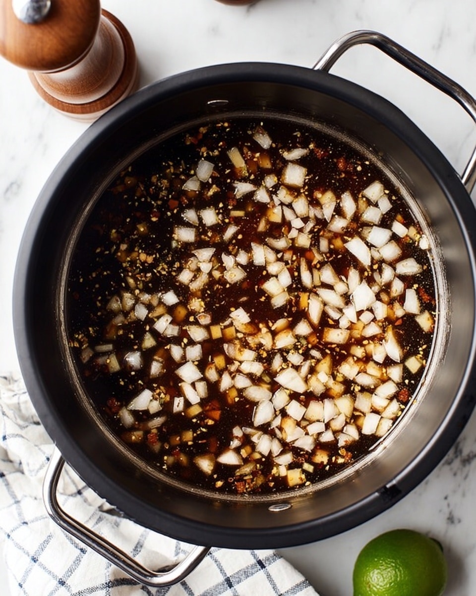 The image shows a black electric pot filled with a dark broth that is topped with many small white diced onions and spices floating on the surface. The pot is on top of a white marbled counter with a wooden pepper grinder near the top left, a white and blue checkered cloth partially under the pot, and a whole green lime near the bottom right. The broth looks oily and rich, with the diced onions and seasoning pieces spread evenly across the top. Photo taken with an iphone --ar 4:5 --v 7