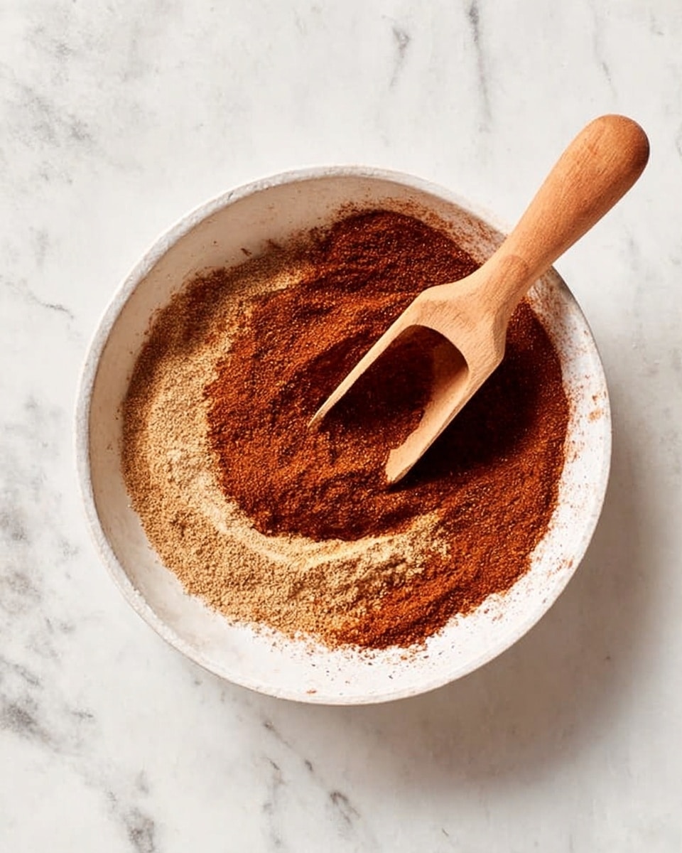 A white bowl sits on a white marbled surface filled with two layers of powdered spices: the bottom layer is a light brown powder, and the top layer is a darker reddish-brown powder, swirling together. A wooden scoop rests inside the bowl, partially filled with the reddish-brown powder, its handle pointing outwards to the upper right. The textures of the powders look soft and fine. Photo taken with an iphone --ar 4:5 --v 7