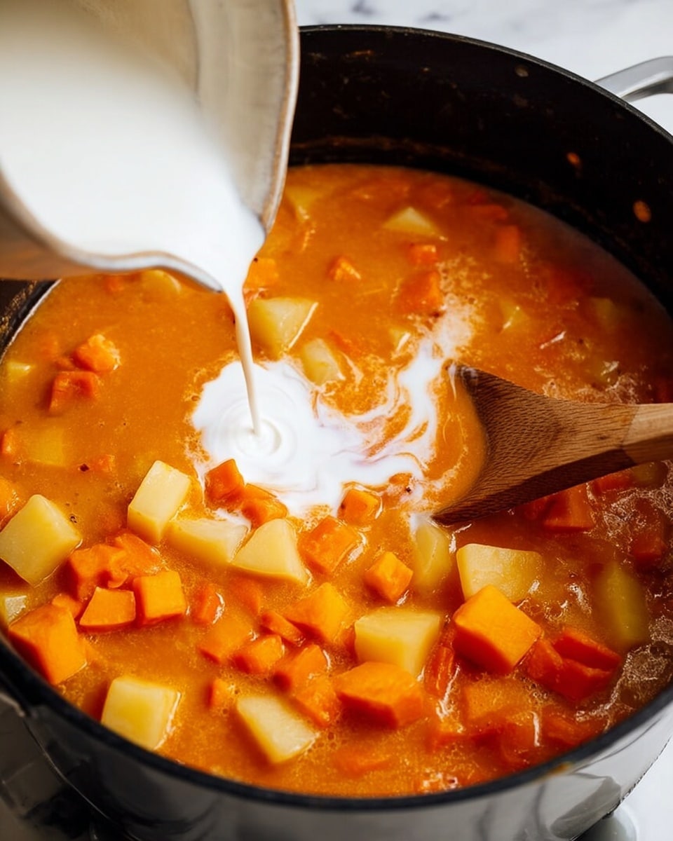 A close-up view of a large black pot filled with a thick orange-red soup base with visible chunks of light yellow potato and bright orange carrot pieces. A white jug is pouring white cream into the center of the pot, creating a swirling layer of cream on top of the soup. A wooden spoon is partly submerged in the soup, lifting some of the vegetable pieces. The pot is placed on a white marbled surface. The colors are warm and inviting, showing a mix of creamy and chunky textures. photo taken with an iphone --ar 4:5 --v 7