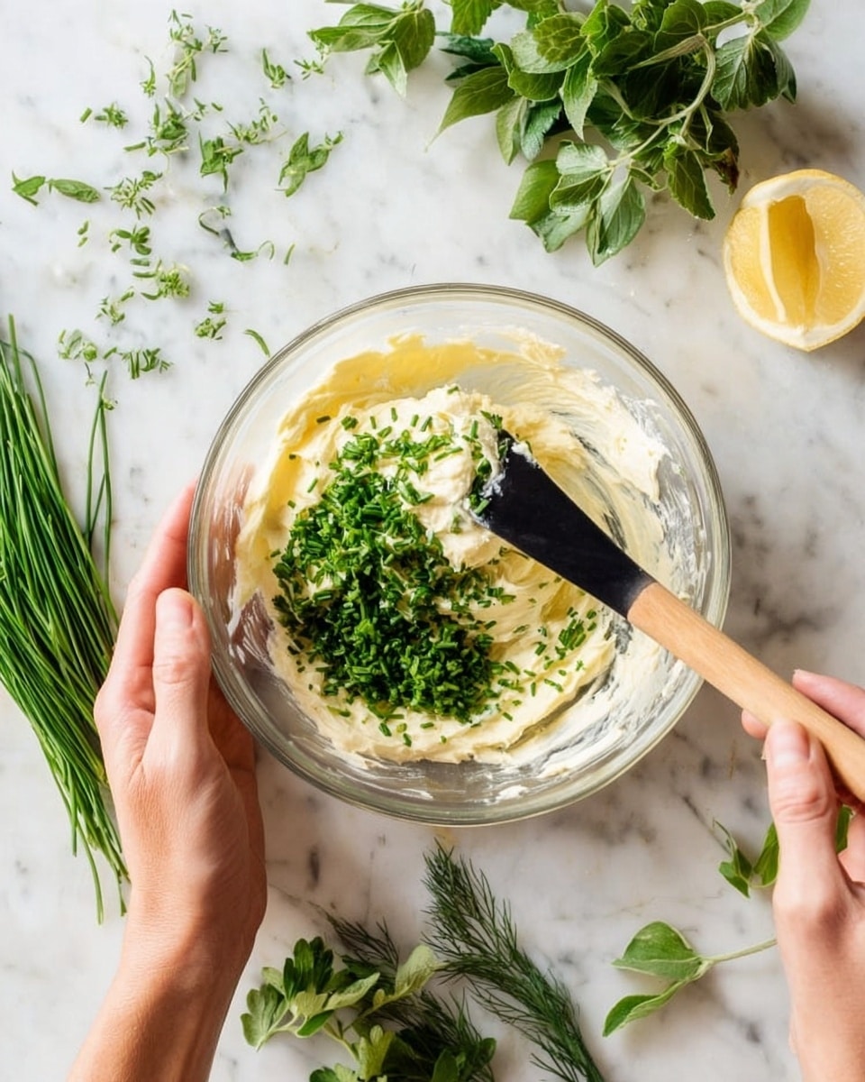 A clear glass bowl sits on a white marbled surface filled with a creamy pale yellow spread as the base layer, topped with bright green chopped herbs like chives and dill scattered unevenly on one side. A woman's left hand holds the bowl steady while a woman's right hand uses a black spatula with a light wooden handle to mix the ingredients. Around the bowl, fresh green herbs and a halved lemon with a pale yellow interior are spread loosely on the white marbled background, adding natural color contrast. photo taken with an iphone --ar 4:5 --v 7