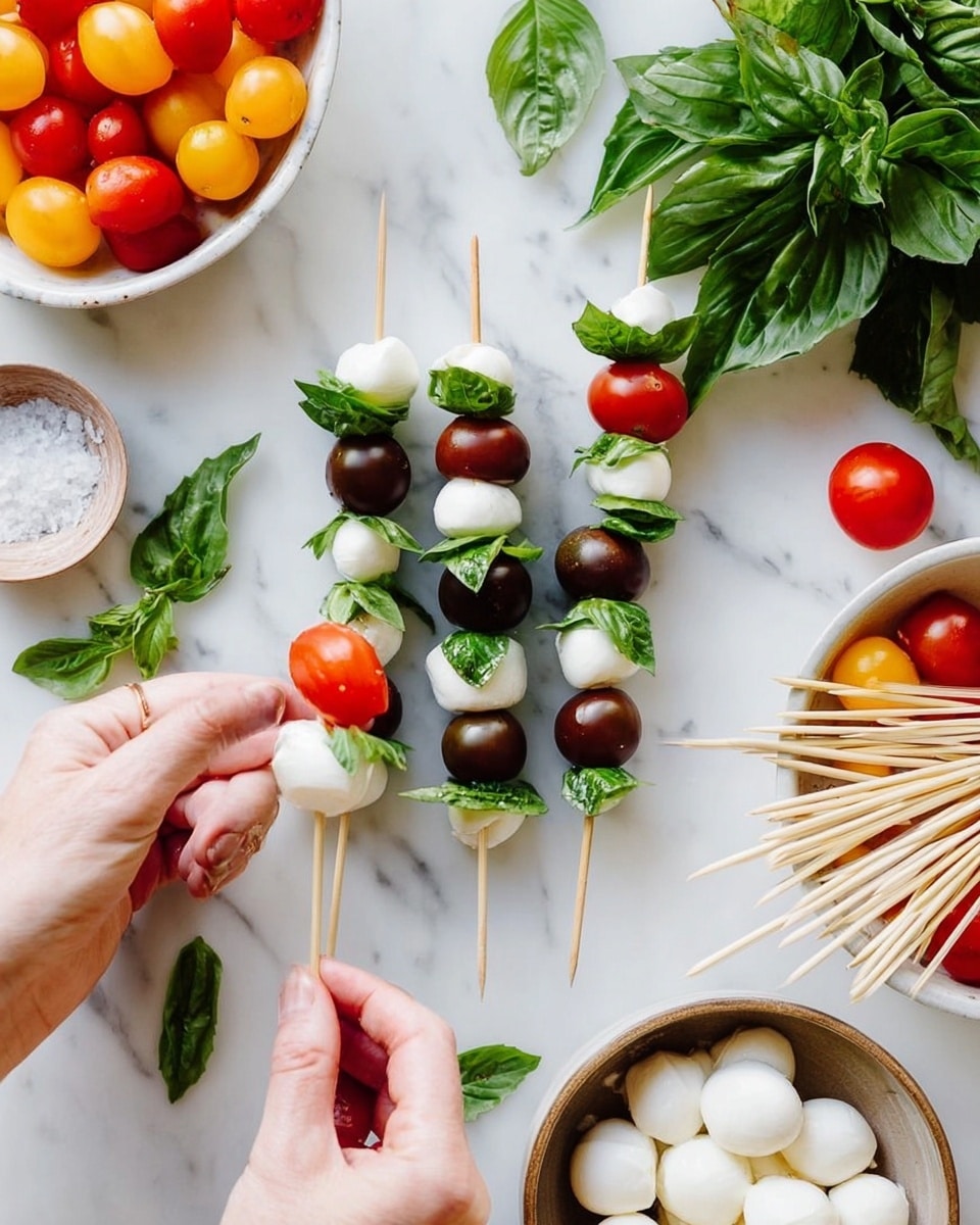 The image shows several fresh skewers made with three layers: a smooth dark brown tomato on the bottom, a green leafy basil in the middle, and a smooth white mozzarella ball on top, arranged on a white marbled surface. A woman's hand is holding one skewer at the bottom and another at the middle, placing the pieces together. Surrounding the skewers are loose basil leaves, a small bowl with coarse salt, a bunch of wooden skewers, a white bowl full of red and yellow cherry tomatoes, and another white bowl filled with mozzarella balls. Everything is bright and colorful with a clean, fresh look. Photo taken with an iphone --ar 4:5 --v 7