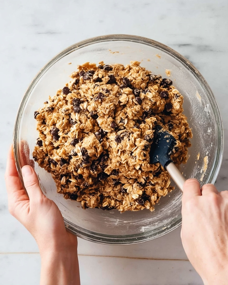 A close-up view of a clear glass bowl filled with a mixture of oats and small dark chocolate chips. The oat mixture looks sticky and clumped together, with a rough texture. Two woman's hands are visible—one holding the bowl firmly while the other uses a black spatula to stir the mixture. The bowl is set on a white marbled surface, providing a clean and bright background. photo taken with an iphone --ar 4:5 --v 7