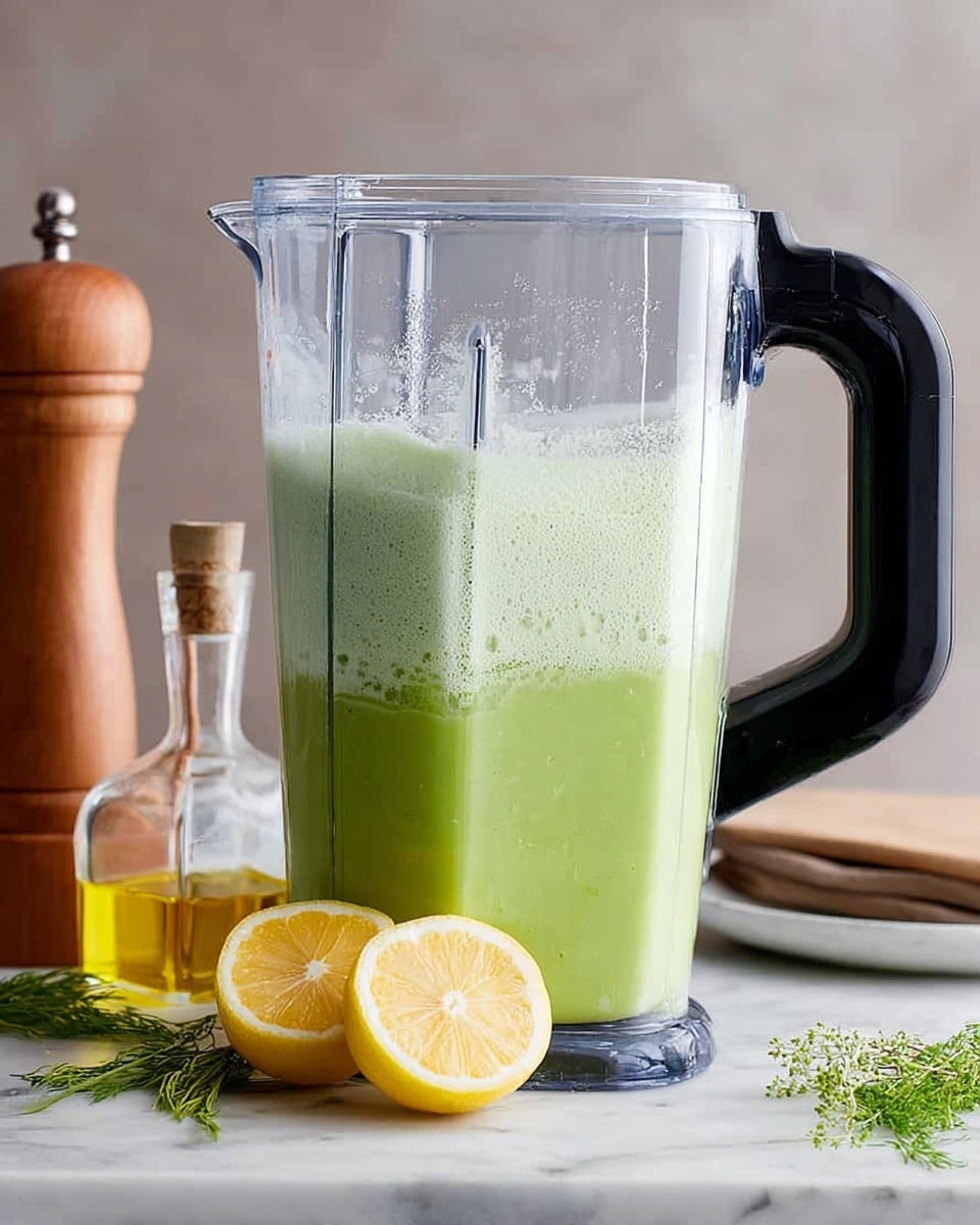 A clear blender jar with a thick light green mixture inside, showing two main layers: a denser green layer at the bottom and a lighter frothy green layer on top. The blender has a black handle on the right side. In the foreground on the white marbled surface, there is one lemon cut in half, showing its bright yellow inside and another whole lemon. To the left, there is a small clear glass bottle with golden oil inside, a wooden pepper grinder, and a few green herb sprigs. The background is simple and blurred. Photo taken with an iphone --ar 4:5 --v 7