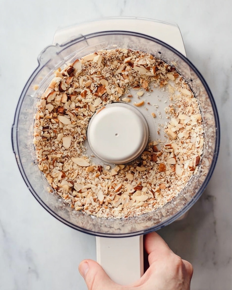 The image shows a white food processor on a white marbled surface. Inside the clear processor bowl, chopped nuts are visible, mostly beige and light brown in color with some darker brown bits, appearing finely crushed with some small chunkier pieces. A woman’s hand is holding the side of the food processor, positioned at the lower right corner of the image. The clear cover of the processor reveals the texture and mix of the nuts inside. Photo taken with an iphone --ar 4:5 --v 7